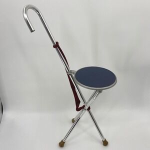 Vintage Folding Cane Seat Portable Walking Stick Tripod Stool Navy Blue Aluminum